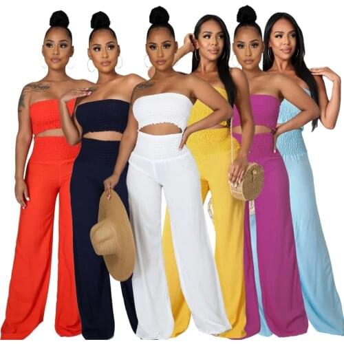 Adogirl Elegant Solid Two Piece Sets Women Sleeveless Strapless Crop Top And Long Wide Leg Pants Casual Matching Tracksuit