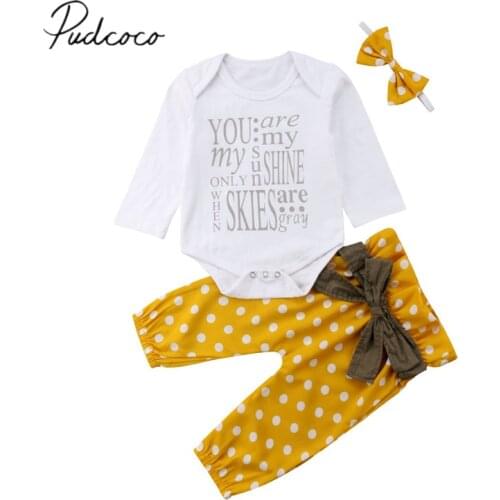2018 Brand New Newborn Infant Baby Girls Boys Autumn Clothes Sets 3PCS Long Sleeve Letter White Romper+Dot Bow Pants+Headband