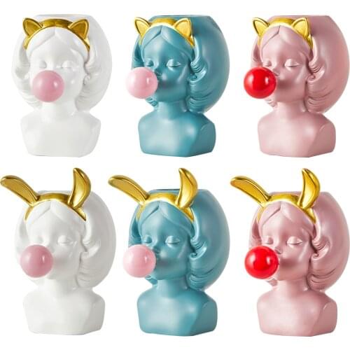 Cute Girl Blowing Bubbles Succulent Planters Vinyl Flower Pot for Home Tabletop Decor Makeup Brush Storage Decoration