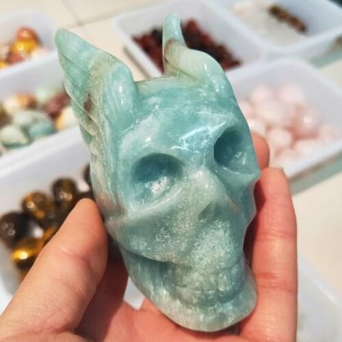 Fashion Crysstal Skull green quartz skull amazonite Gemstone skull with wings Reki healing Feng Shui