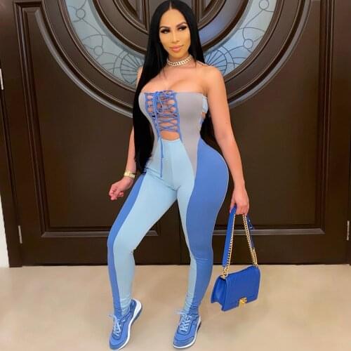 2021 New Style Womens Skinny Jumpsuit Patchwork Lace Up Chest Off Shoulder One Piece Romper for Female Summer Sexy