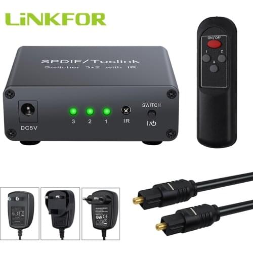 LiNKFOR 3 In 2 Out Optical Switcher Splitter 2 Way Digital Audio Splitter 3 Port Spdif Toslink Optical Switch Support LPCM 2.0