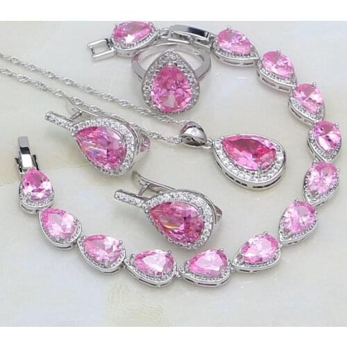 Water Drop Pink Crystal White CZ 925 Sterling Silver Jewelry Stud Earring/Pendant/Necklace/Bracelet/Ring Jewelry Sets For Women