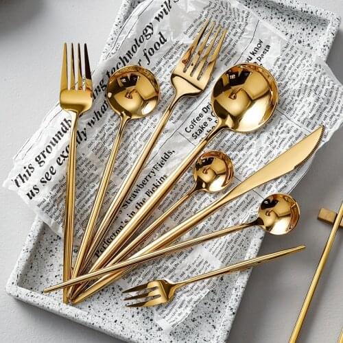 Golden Western Cutlery Mirror 304 Stainless Steel Dinner Steak Knife Fork Spoon Set Fruit Dessert Fork Coffee Spoon Chopsticks