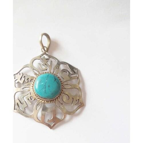Tibetan Six Words Mantras Amulet Copper Inlay Turquoises Flower Hollow Pendants TBP049