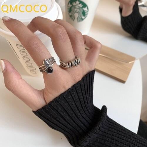 QMCOCO Simple 925 Sterling Silver Rings For Women New Fashion Vintage Winding Line Geometric Thai Silver Party Jewelry Gift