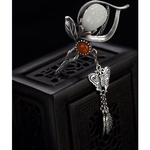 Vintage Hair Sticks Natural Hetian Jade S925 Silver Hair Jewelry Flower Butterfly Tassel Hairpins For Women Hair Accessories