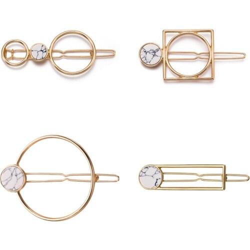 1pcs New Fashion Women Girls Metal Circle Square Hair Clips Natural Stone Hairpins Barrettes Wedding Hair Accessories