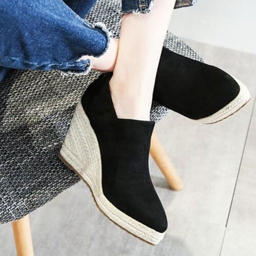LIHUAMAO women high heels Espadrilles shoes causal Suede pumps wedges platform pointed toe sip on zip skid resistance comfort