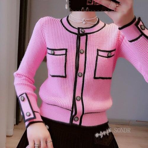 Runway Cardigan Women Cropped Sweater Jacket 2021 Autumn Round Neck SIngle Breasted Knitted Cardigan All-match Pink Sweater Top