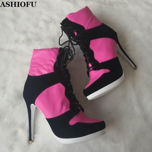 ASHIOFU Ladies High Heel Boots Shoelace Patchwork Leather Ankle Booties Sport-style Real Photos Winter Daily Wear Fashion Boots