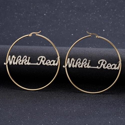 Custom Iced Out Bling Jewelry Personalized Name Large Earrings For Women Hiphop Brincos Stainless Steel Big Circle Round