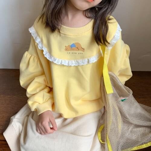Korean childrens wear girls' sweater 2021 autumn lace long sleeve baby girl cute sweet Pullover Top kids clothing