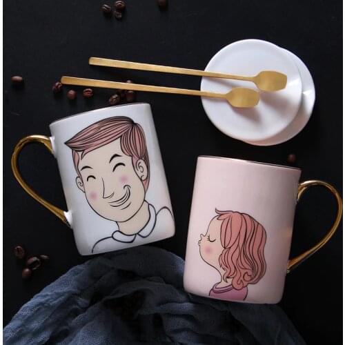 Porcelain Couple Mugs with Lid Spoon Drinkware Ceramic Coffee Tea Milk Water Cups Tableware Unique Gift for Boyfriend Girlfriend