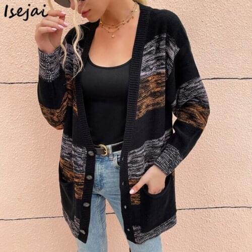 Deep V Neck Cardigans Women Block Patchwork Sweaters Female Pocket Loose Casual Cardigans