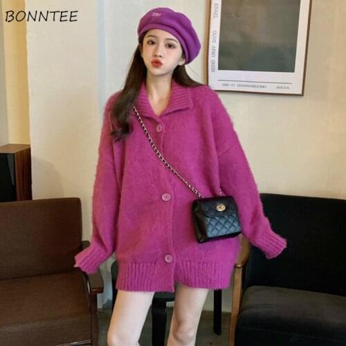 Cardigans Women Solid Turn-down Collar Loose Long Sleeve Casual Oversize Outwear Sweaters Knitted Jumper New Spring Ulzzang Chic