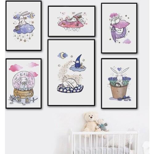 Nordic Posters Prints Rabbit Unicorn Alpaca Sloth Baby Moon Star Wall Art Canvas Painting Modular Pictures Kids Room Home Decor