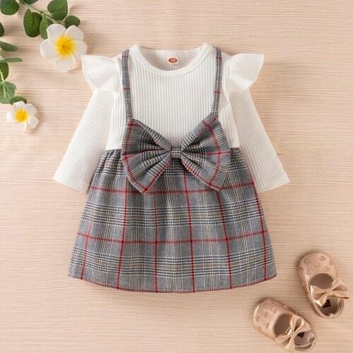 Newborn Baby Girls Dress Infant Autumn Clothes Ribbed Plaid Bowknot Princess Dress Baby Outfits Fashion Girl Clothing 3-24 Month