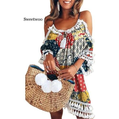 Beach dress summer Women Off Shoulder Dress Tassel Short Cocktail Party Beach Dresses Sundress sexy vestidos playa robe de plage