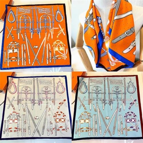 Silk Scarves Women Foulard 90*90cm handmade crimping belt, chain, gift Shawl wrap muffler pareo Bandanna female hijab twill