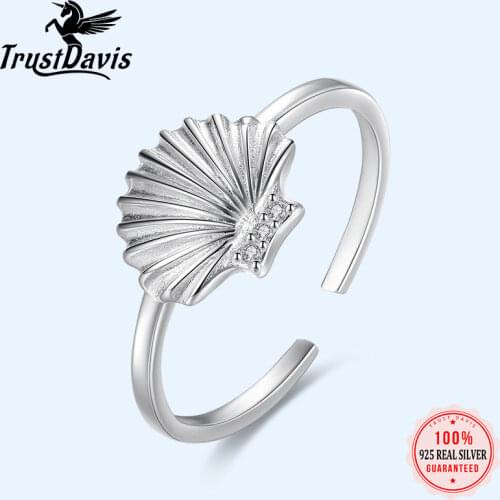 Trustdavis Real 925 Sterling Silver Fashion Sweet Shell Shiny CZ Opening Ring For Women Wedding Party Fine S925 Jewelry DA26