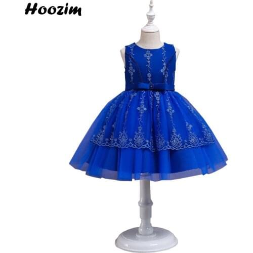 Royal Blue Embroidery Flower Pearl Prom And Evening Party Mid Calf Dress Girls 3 To 10 Years Formal Pageant And Wedding Dresses