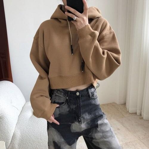 Spring New European and American High Waist Cropped Velvet Padded Hooded Sweatshirt Loose Slimming Long Sleeves Top for Women