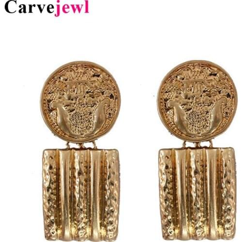 Carvejewl Vintage big Coin rectangle pendant drop Earrings Women Party jewelry Round Disc Medal Gold Silver Color dangle earring