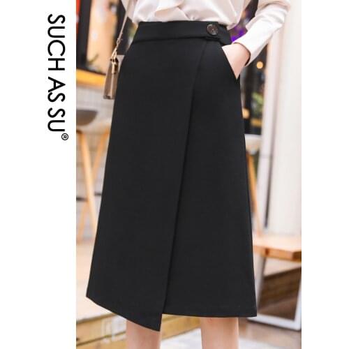 SUCH AS SU Spring Summer Skirts Women 2021 Black Knitted Asymmetrical Split High Waist Skirt Plus Size Mid Long Skirt Female