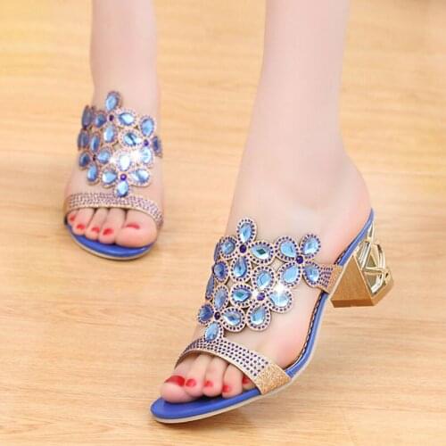 Women Summer Fashion Rhinestone Slipper Sexy Hollow Out Chunky High Heels Sandals Crystal Party Shoes Woman Flip Flops
