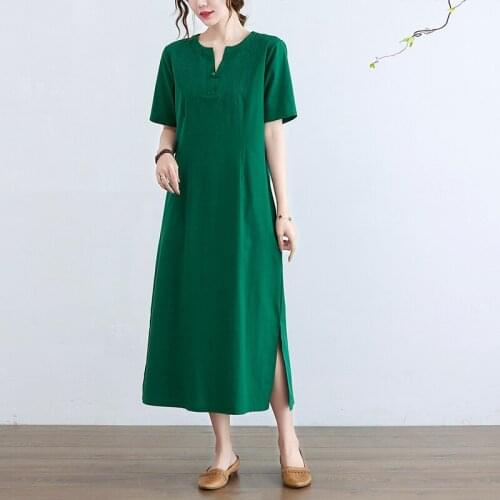 Embroidery Floral Vintage Chinese Style Dress 2021 New Arrival Cotton Linen Loose Summer Dress Women Travel Casual Midi Dress