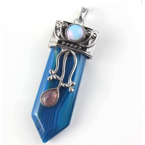 100-Unique 1 Pcs Silver Plated Stripe Blue Agates Sword Shaped Inlay Flower Pendant with Small Bead Jewelry