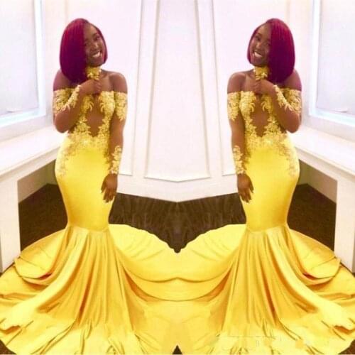 2020 Sexy Yellow Black Girls Mermaid Prom Dresses Lace Long Sleeves Backless Satin Floor Length Formal Party Wear Evening Gowns