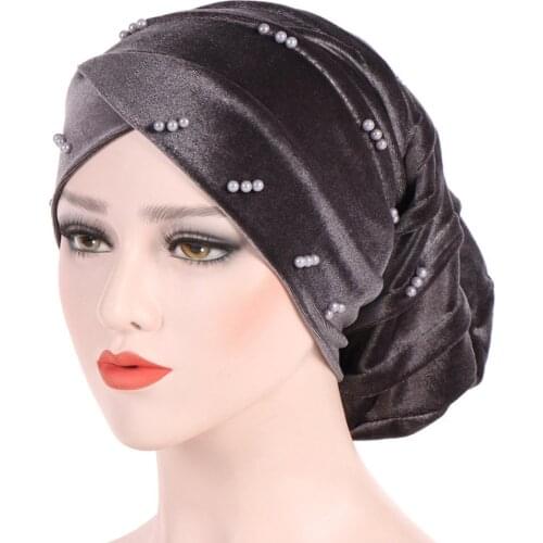 Velvet Turban With Pearl Headwrap Headscarf Women Chemo Cap Sleeping Bonnet