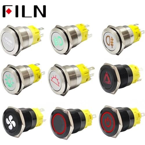 19mm 12v LED stainless steel black metal push button switch dashboard warning symbol momentary latching on off car racing switch