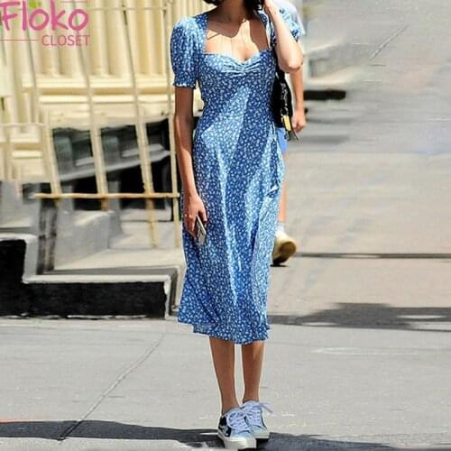 Flokocloset Summer Vintage Party Dress Y2K Women Puff Sleeve Floral Print Square Collar Split Maxi Dress Vestido 2021