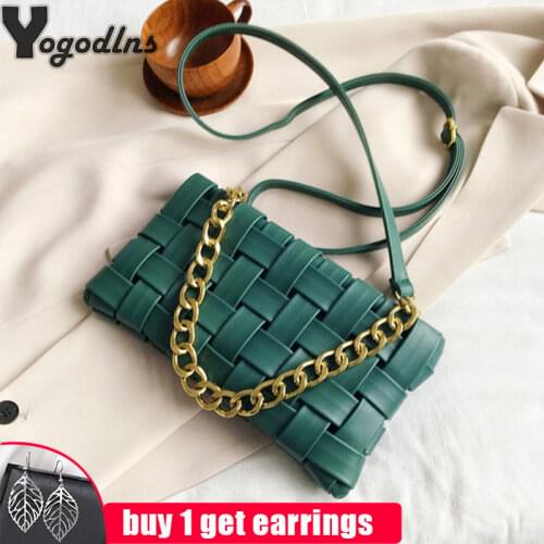 Fashion Chain Shoulder Bag For Women PU Leather Crossbody Bag Solid Color Woven Bag All-match Popular Designer Baguette Bag