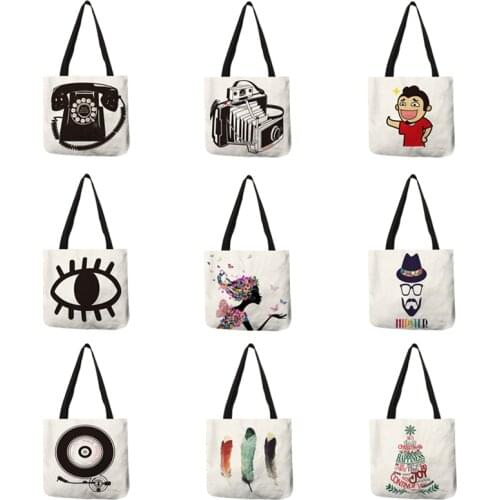 Nostalgic Retro Style Shoulder Bag Vintage Design Black White Linen Tote Bag Ancient Telephone Camera Disc Character Print Bolsa