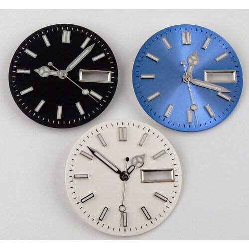 New Sterile Sunburst 29mm Steel Black/Blue/White Watch Dial Hand fit NH36A Double Date Window Luminou Hand Set