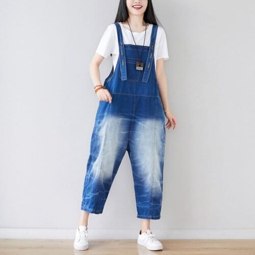 Bleached Denim Jumpsuit Women Overalls Vintage Jeans Plus Size Loose Baggy Pants with Pockets Adjustable 3 Loops Straps 2021