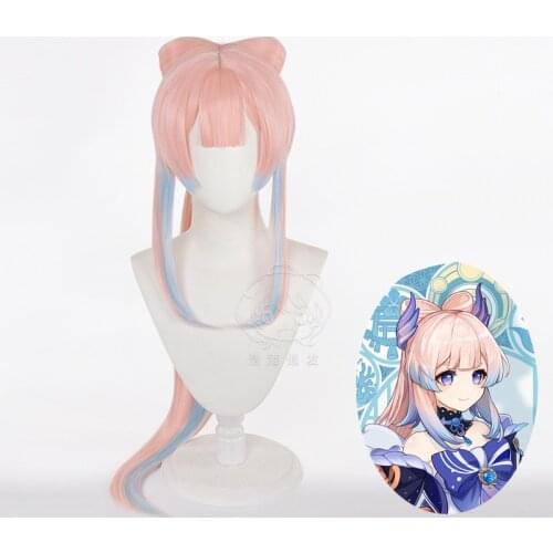 Game Genshin Impact Kokomi Cosplay Wig Long Pink Blue Heat Resistant Synthetic Hair Clip Ponytail Anime Cosplay Wigs + Wig Cap