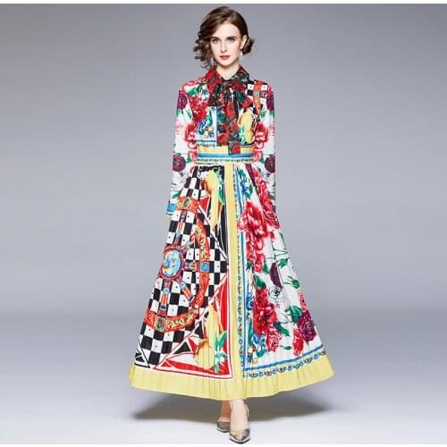 Long Sleeve Big Shirt Dresses Bohemian A-LINE Printing Ankle-Length Regular Turn-down Collar Long Pleated Printed Fashion Dress