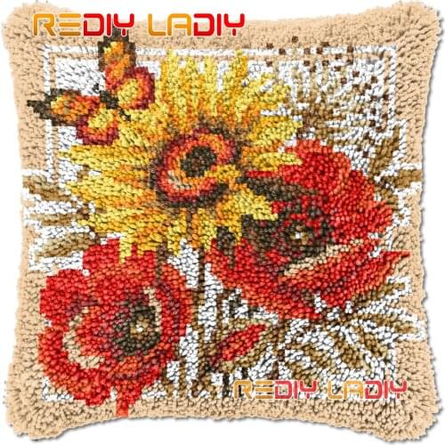 Latch Hook Cushion Sunflowers Poppies DIY Needlepoint Kits Chunky Acrylic Yarn Arts Crocheting Lofty Pillow Case Hobby & Crafts