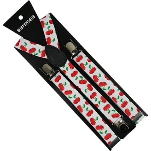 Winfox Fashion White Red Cherry Print Men Women Suspenders Y-Back Braces Adjustable Elastic Suspenders