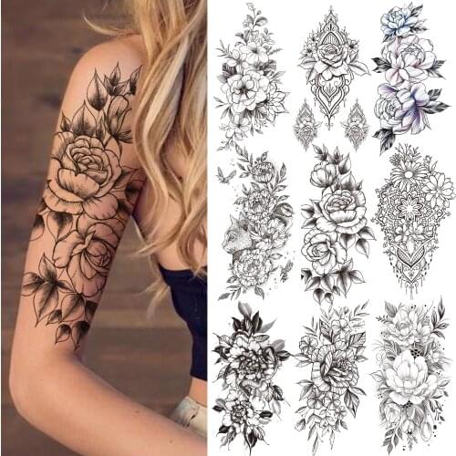 Realistic Peony Temporary Tattoo For Women Girl Adult Black Big Rose Flower Tattoo Sticker Henna Fake Anemone Lace Tatoos Paste