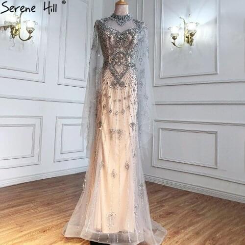 Luxury Grey Nude Cape Sleeves Evening Dresses Gowns 2021 Beaded Mermaid Elegant Sexy For Woman Party BLA71187 Serene Hill