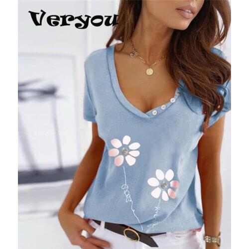 Summer Print Shirt Women Casual Tops V Neck Short Sleeve T-shirt For Women Fashion Loose Button Shirt Vintage Ladies Streetwear