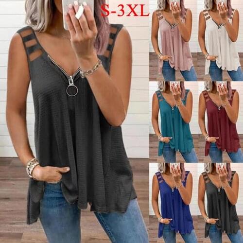 S-3X Ladies Solid Color Shirts Tank Tops Womens Summer Casual Sleeveless Halter Camisole Top Zippers Deep V-neck Loose Blouse