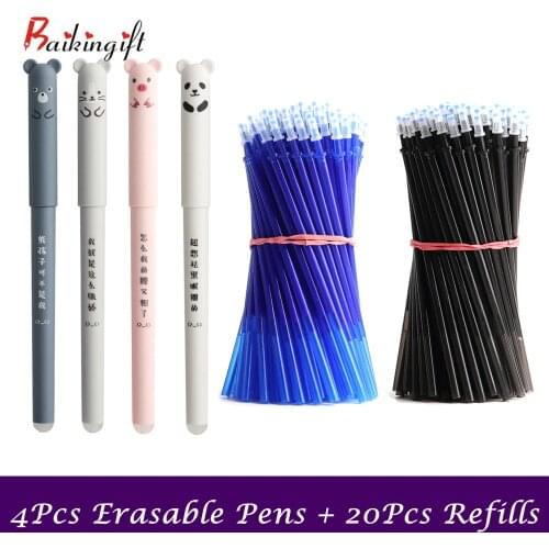 24Pcs/Set Erasable Pen 0.35mm Cute Panda Cat Pens Washable Handle Ballpoint Pen Set Refill Rods School Kawaii Animals Stationery