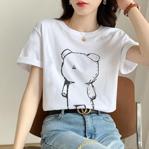 Gothic Bear Printed T Shirts Women 2021 Summer New Korean Chic Loose Girls Tees Soft Oversized Female Cotton Tops Blue Black